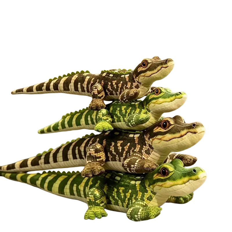 Plush crocodile stuffed animal toy with stacked green and brown patterned bodies detailed stitching and embroidered eyes