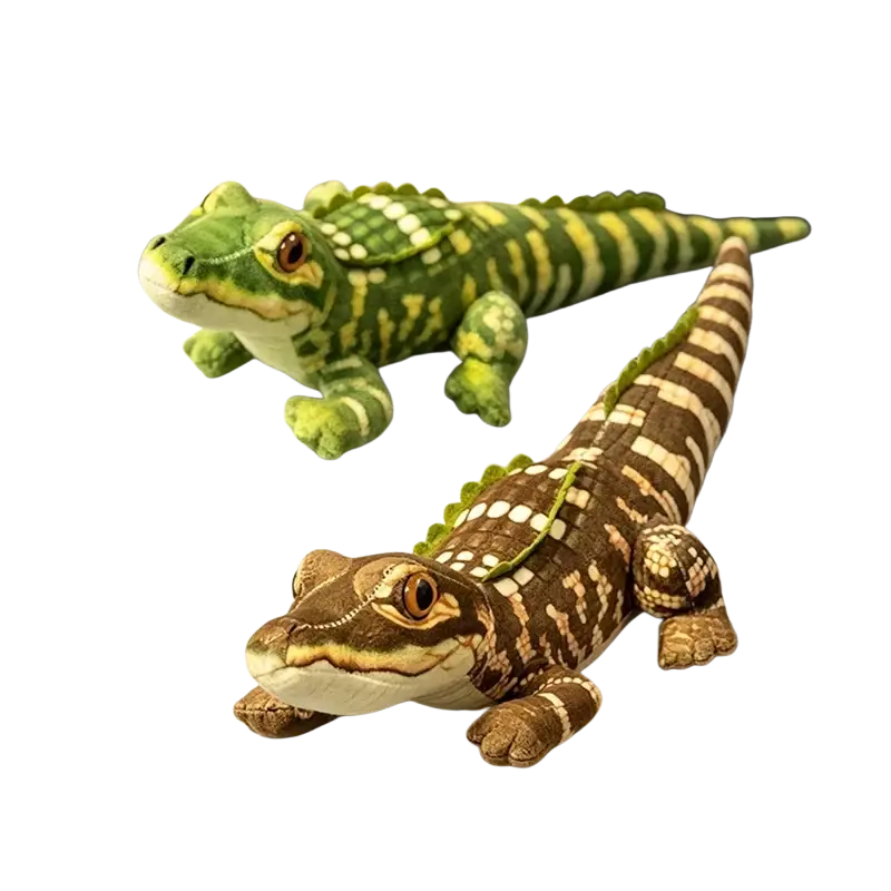 Plush crocodile stuffed animal toys featuring two soft alligator designs in green with yellow stripes and brown with tan markings