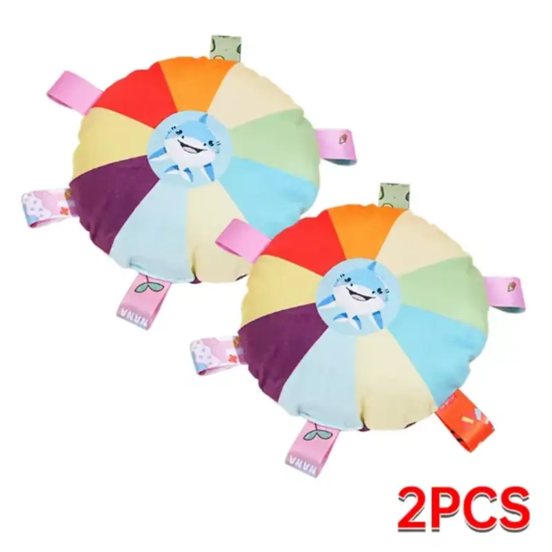 Plush dog ball toys for furry children featuring rainbow-colored circular teething design with smiling shark and fabric tags
