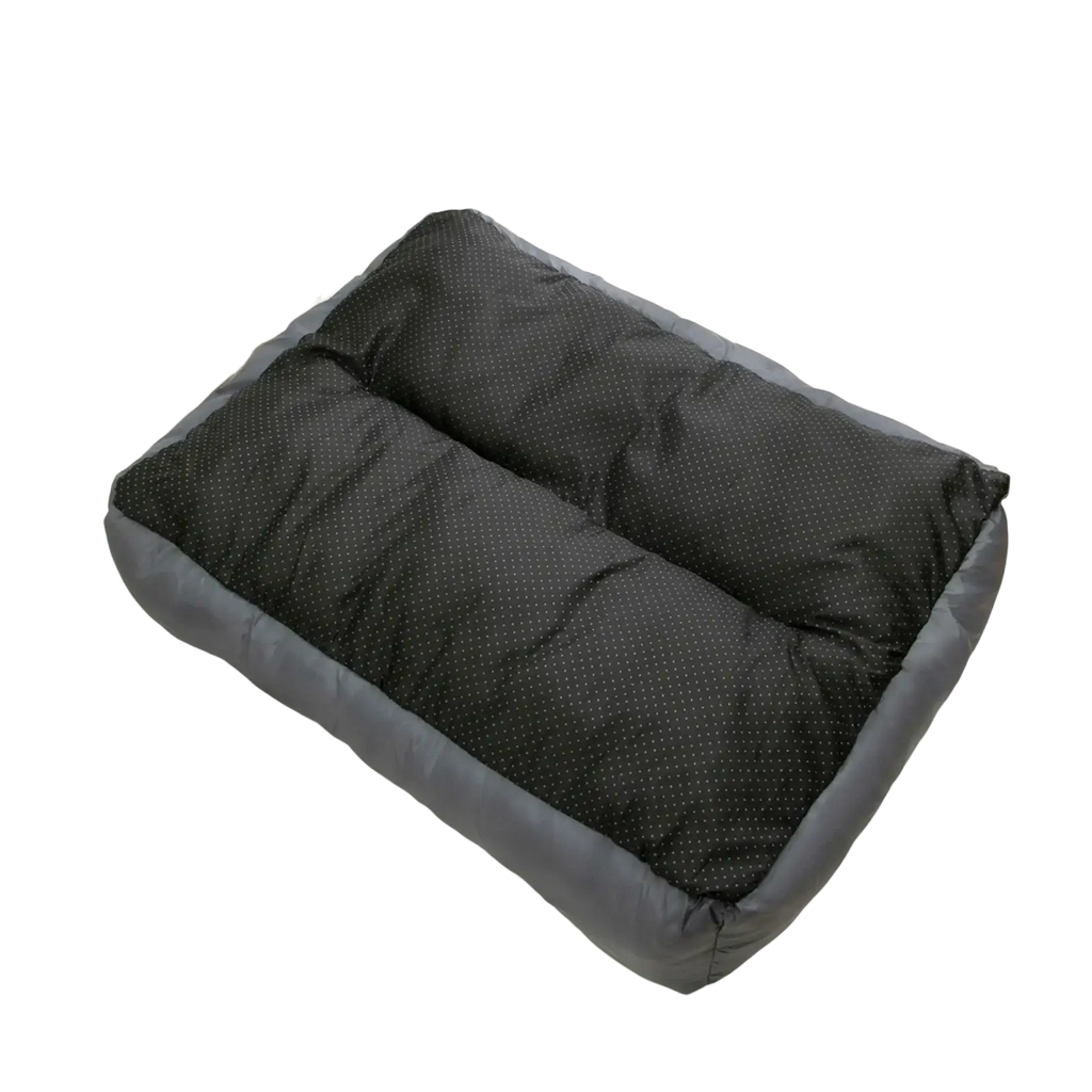 Black and gray quilted dog bed with dotted pattern designed as a plush dog sofa and puppy accessories item