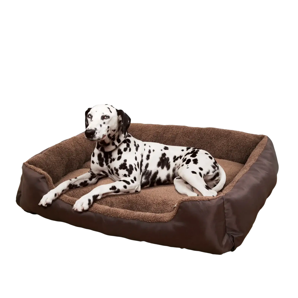 Brown plush dog sofa with soft cushioned interior and sturdy fabric as a durable dog bed and puppy accessory