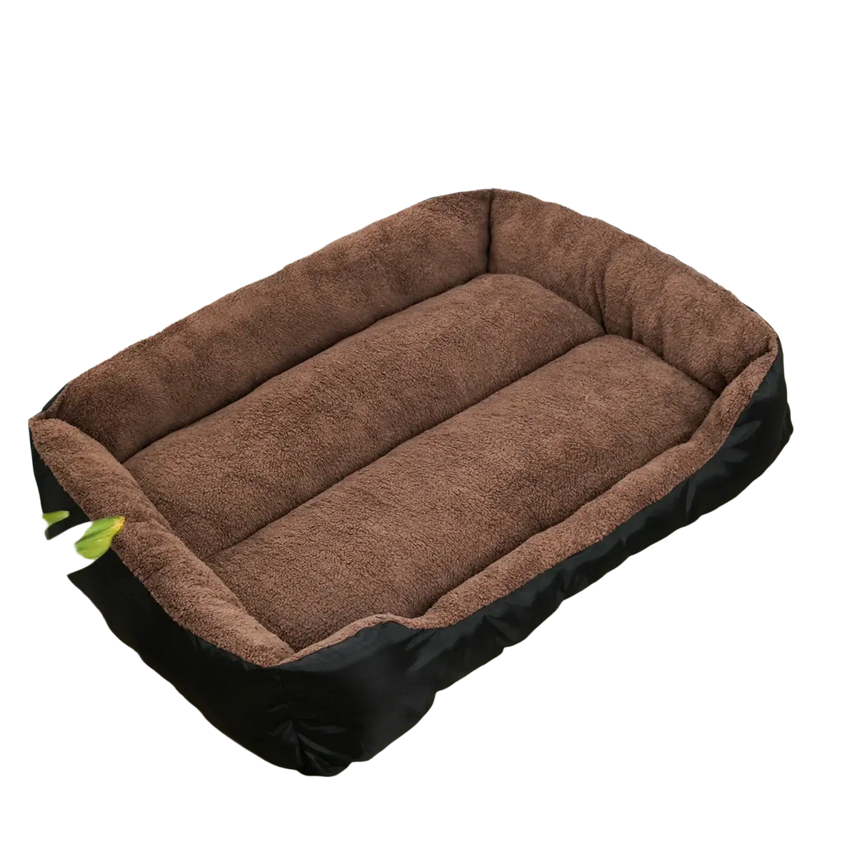 Brown plush dog bed sofa with black outer shell and soft cushioned interior for puppy accessories use
