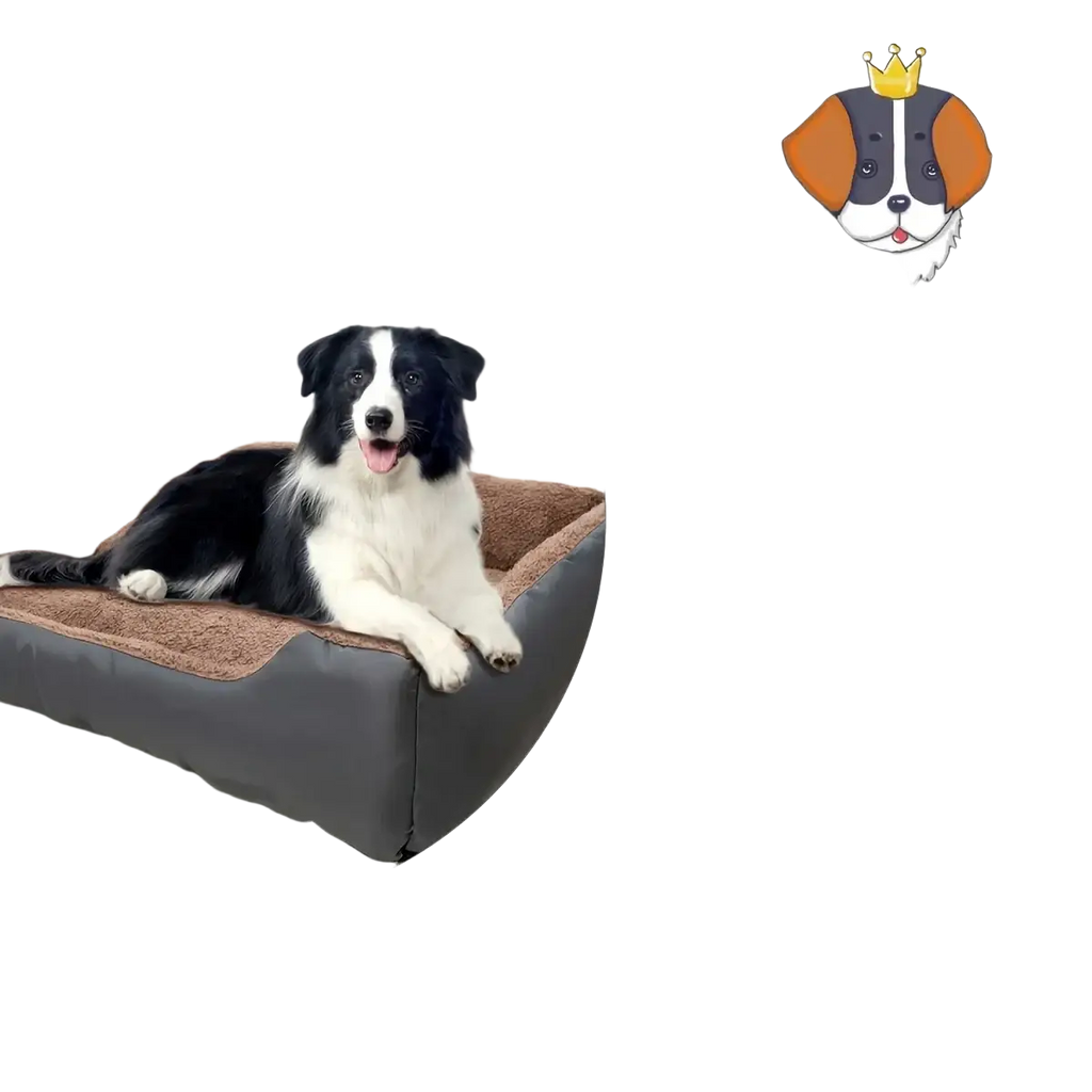 Cozy two-toned dog bed sofa with plush brown inner lining and dark gray outer shell for puppy accessories use