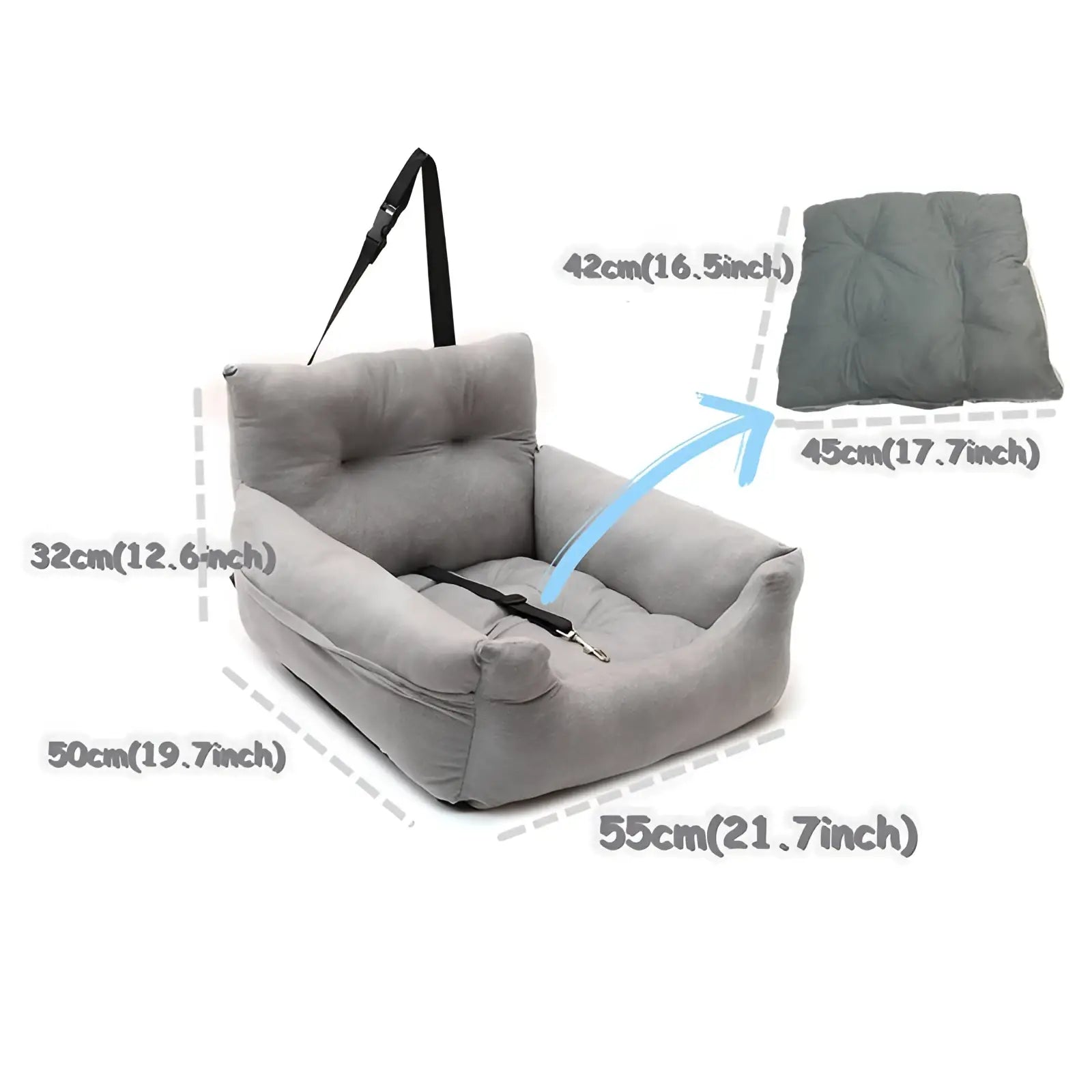 Gray plush dog car seat with padded tufted design and black adjustable straps for pet travel comfort