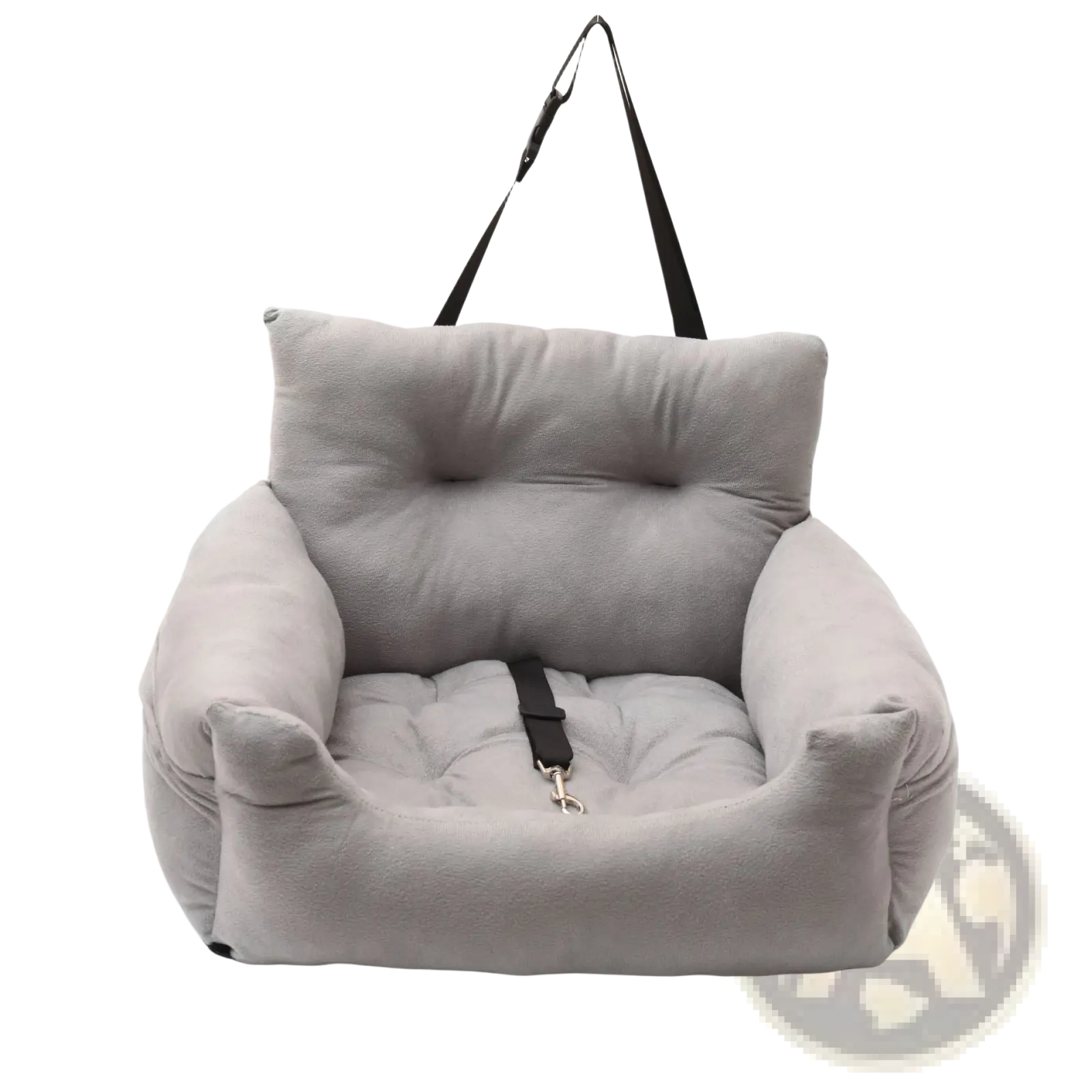 Gray plush dog car seat with black straps and metal buckle designed for secure pet travel comfort