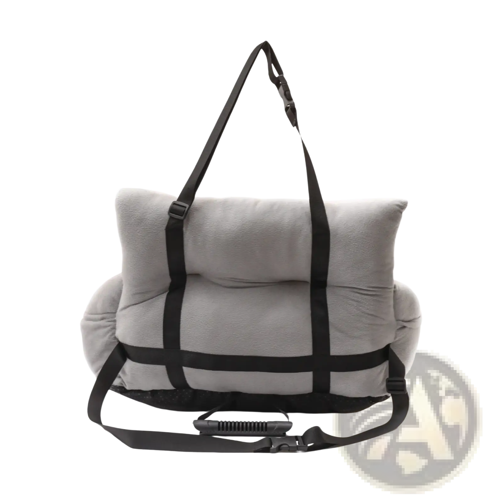 Gray plush dog car seat with black adjustable straps and handle for pet travel and comfort in vehicles