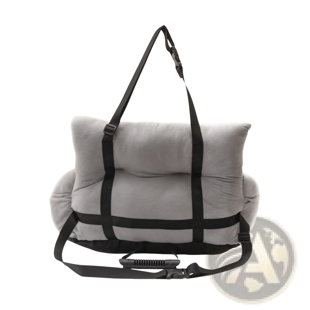 Gray plush dog car seat with black adjustable straps and handle for pet travel and comfort in vehicles