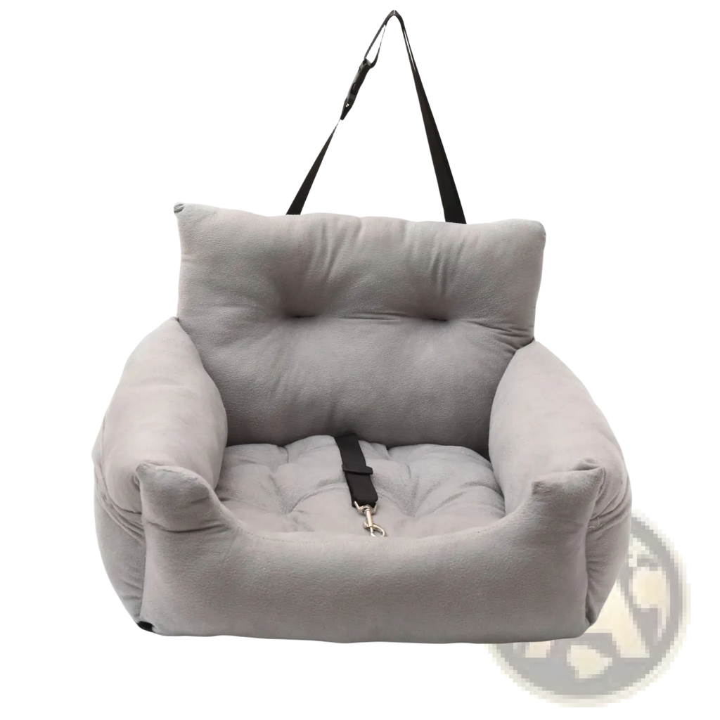 Gray plush dog car seat with black straps and metal buckle designed as a pet travel bed for secure transport