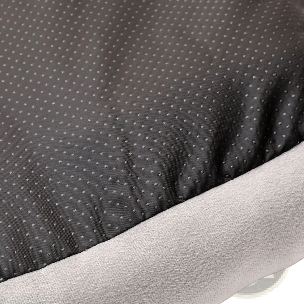 Black fabric with subtle dotted texture layered over soft gray fleece in plush dog car seat gray pet travel bed