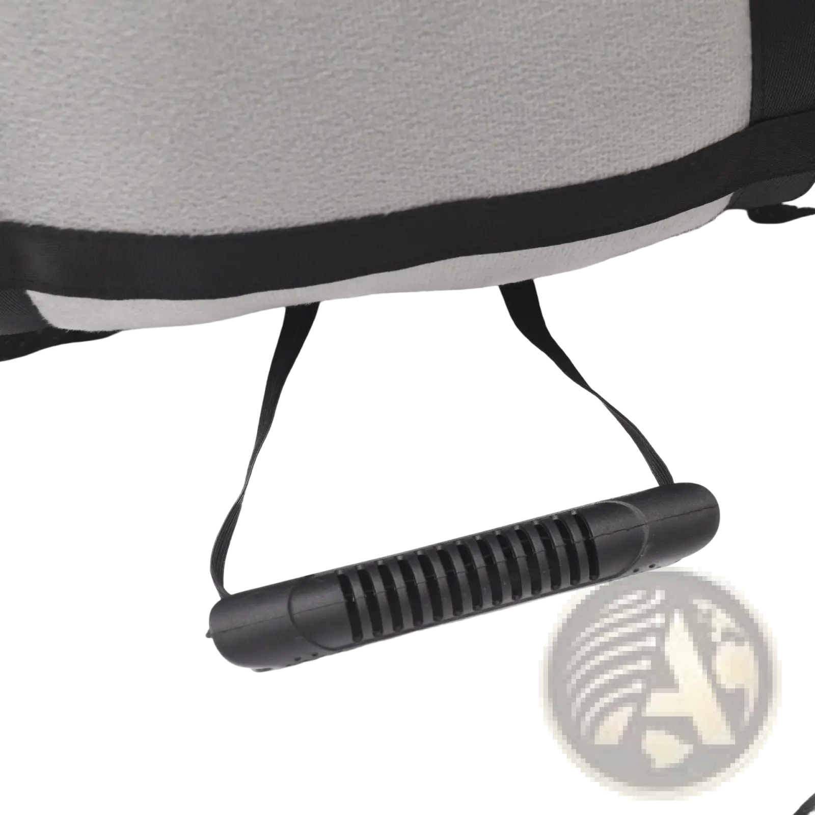 Black plastic ribbed handle attached to gray fabric plush dog car seat for pet travel bed