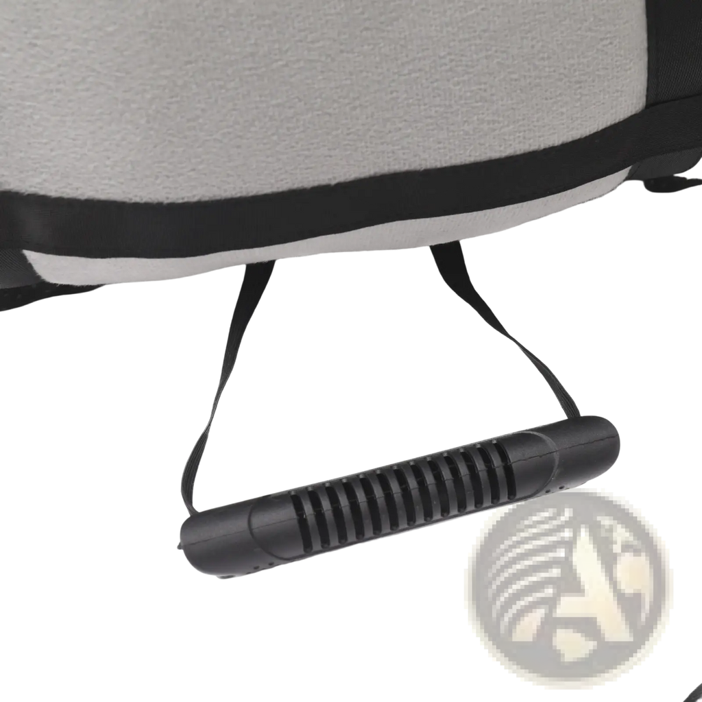 Black plastic ribbed handle attached to gray fabric plush dog car seat for pet travel bed