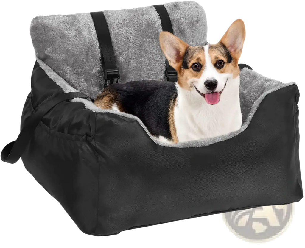 Plush dog car seat for small pets in gray with black and gray soft fabric and adjustable straps for secure installation