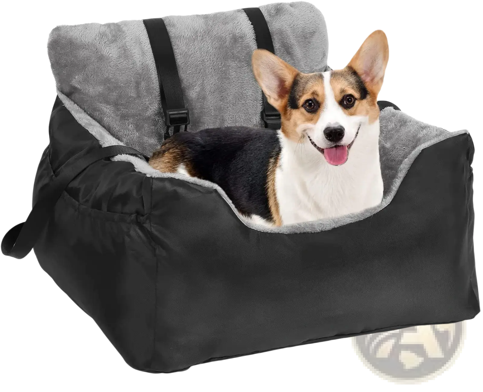 Plush dog car seat for small pets in gray with black and gray soft fabric and adjustable straps for secure installation