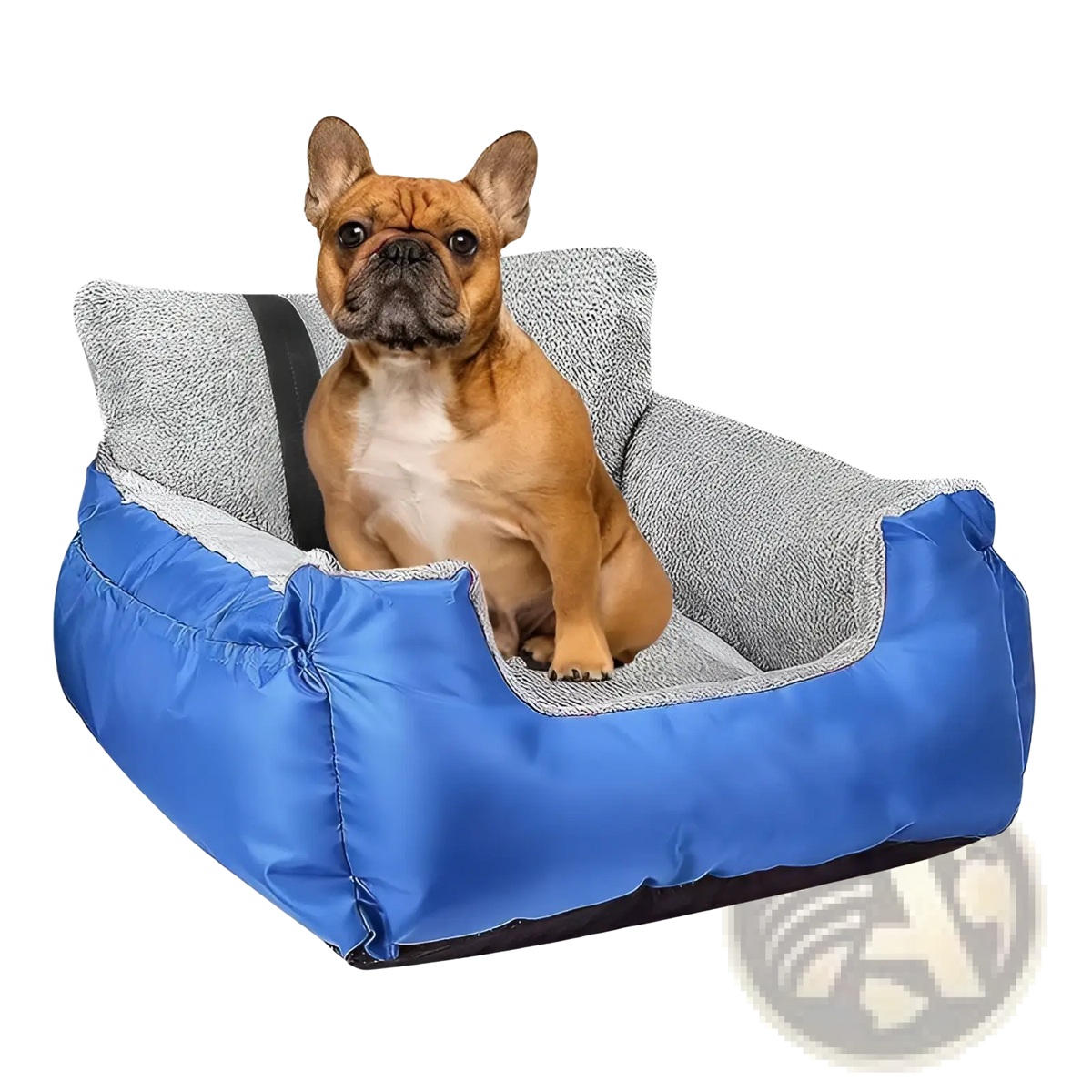Plush dog car seat for small pets in gray with a blue and gray cushioned plush interior for comfort