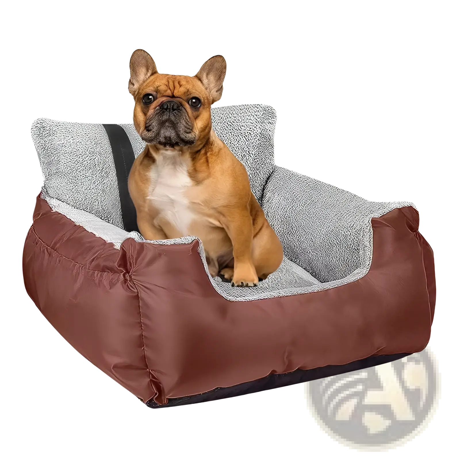Brown and gray plush dog car seat with a cozy cushioned interior designed for small pets in gray color
