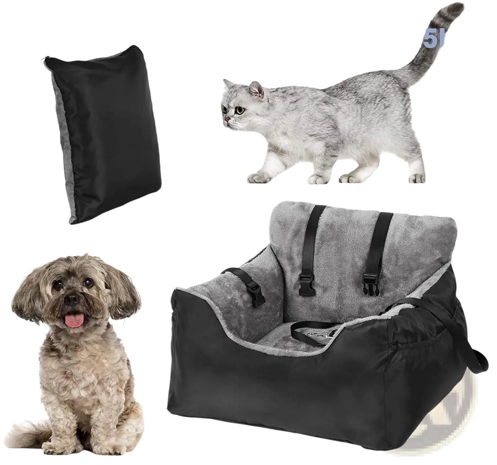 Plush dog car seat for small pets gray with adjustable straps in gray and black for pets up to 25 pounds