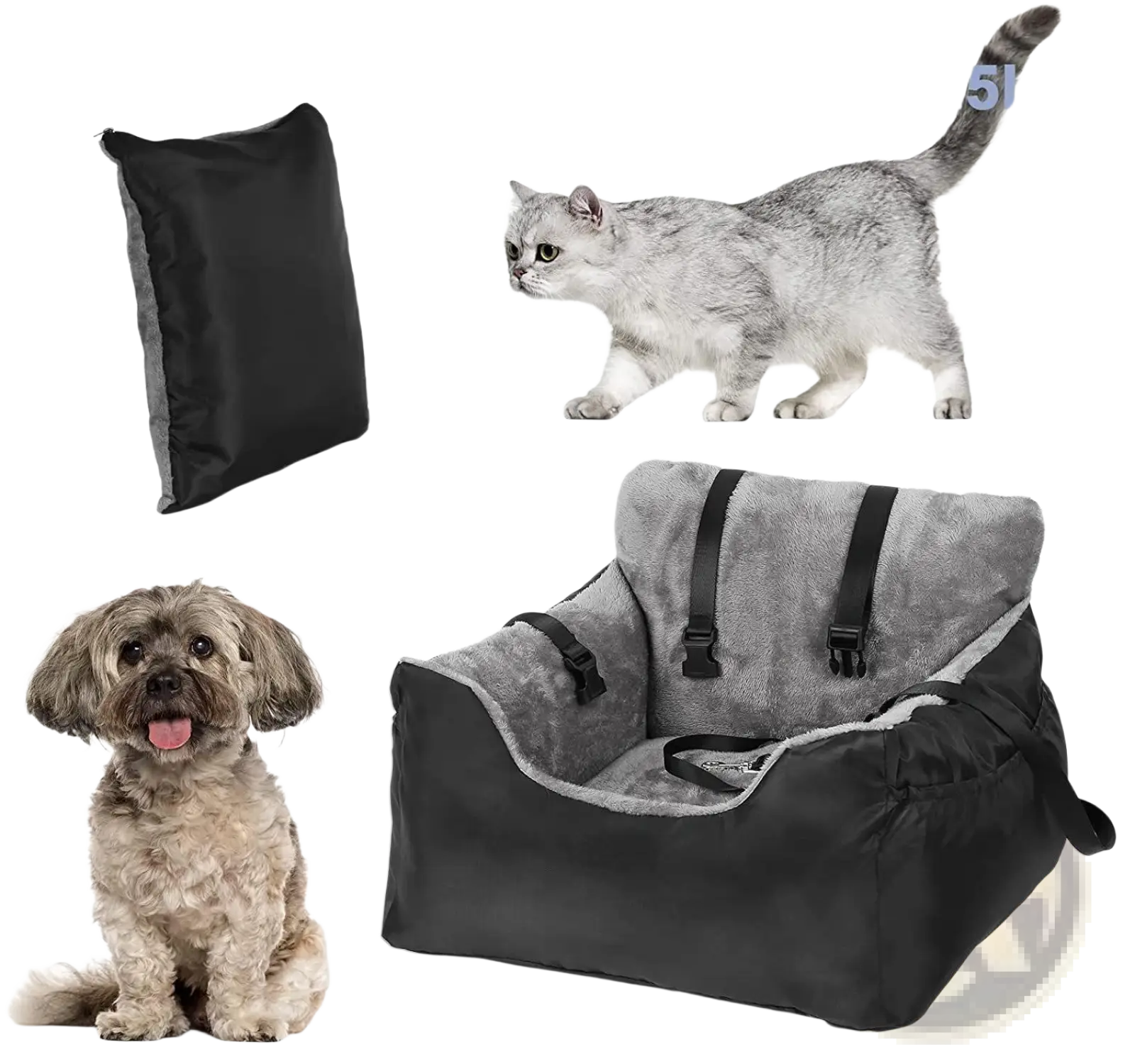 Plush dog car seat for small pets gray with adjustable straps in gray and black for pets up to 25 pounds