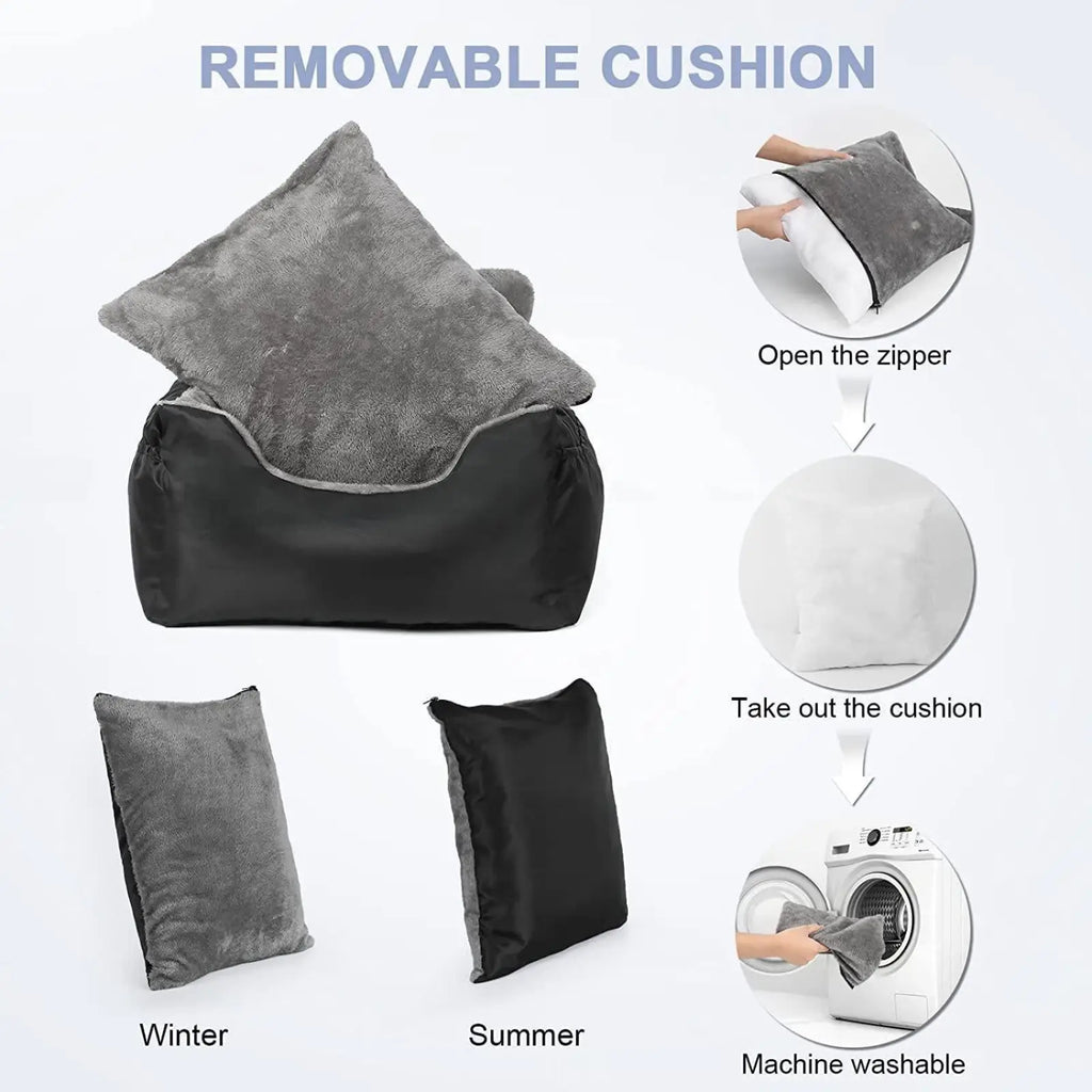 Gray plush removable cushion for a black pet bed designed with winter and summer options for small dogs car seat