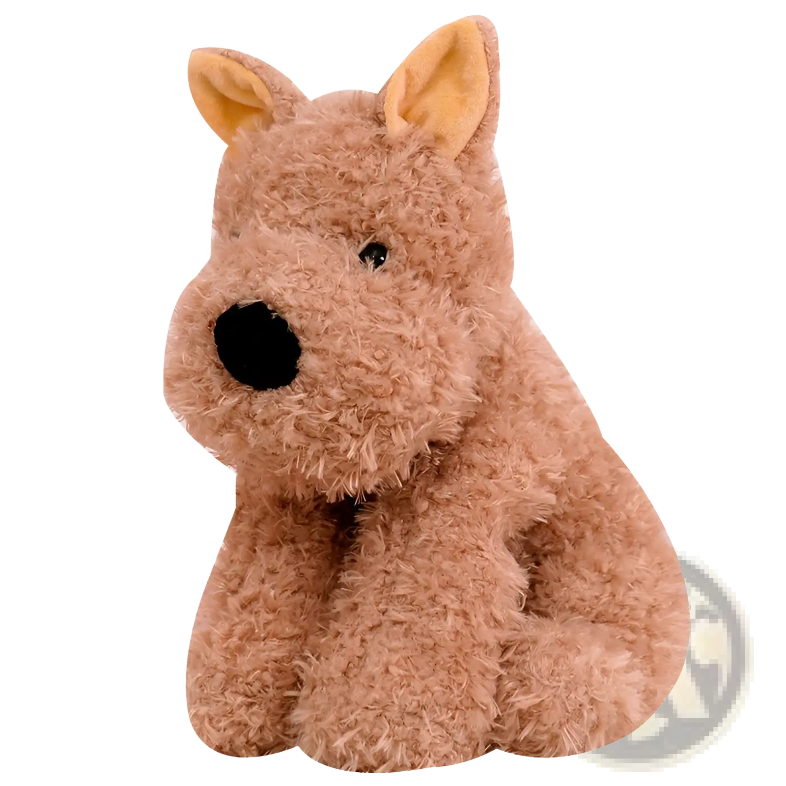 Plush dog and teddy bear stuffed animal toy in tan fur with upright ears and black nose sized 23 to 40 cm