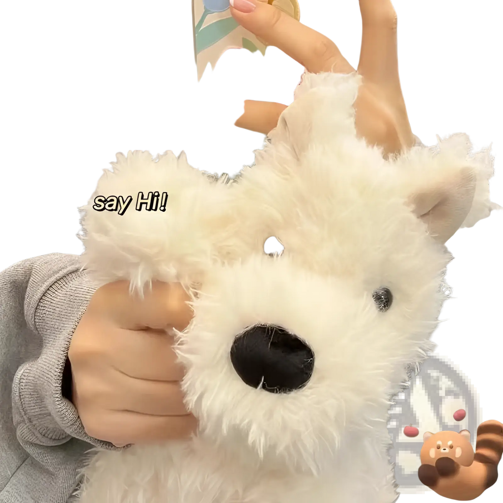 Fluffy white plush dog stuffed animal toy with black nose and eyes, soft material, available in 23 to 40 cm sizes