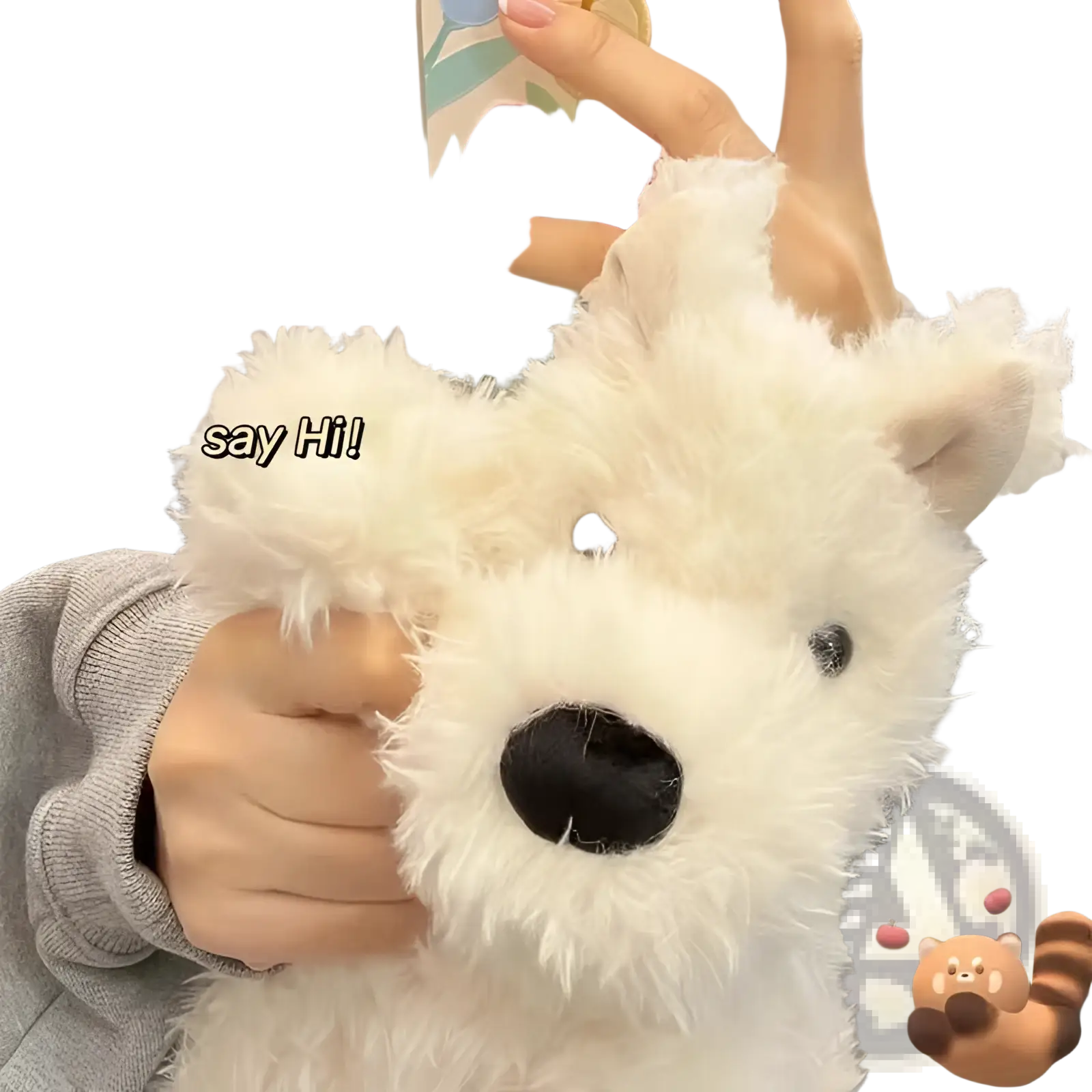 Fluffy white plush dog stuffed animal toy with black nose and eyes, soft material, available in 23 to 40 cm sizes