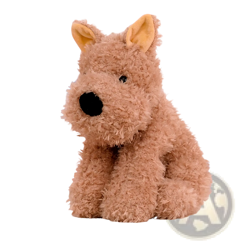 A fluffy tan plush dog stuffed animal toy with soft textured fur and a black nose in 23-40cm size