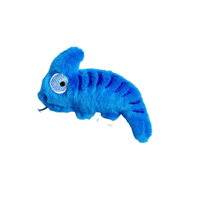 A plush blue chameleon interactive dog toy with embroidered eyes and striped patterns for squeaking play