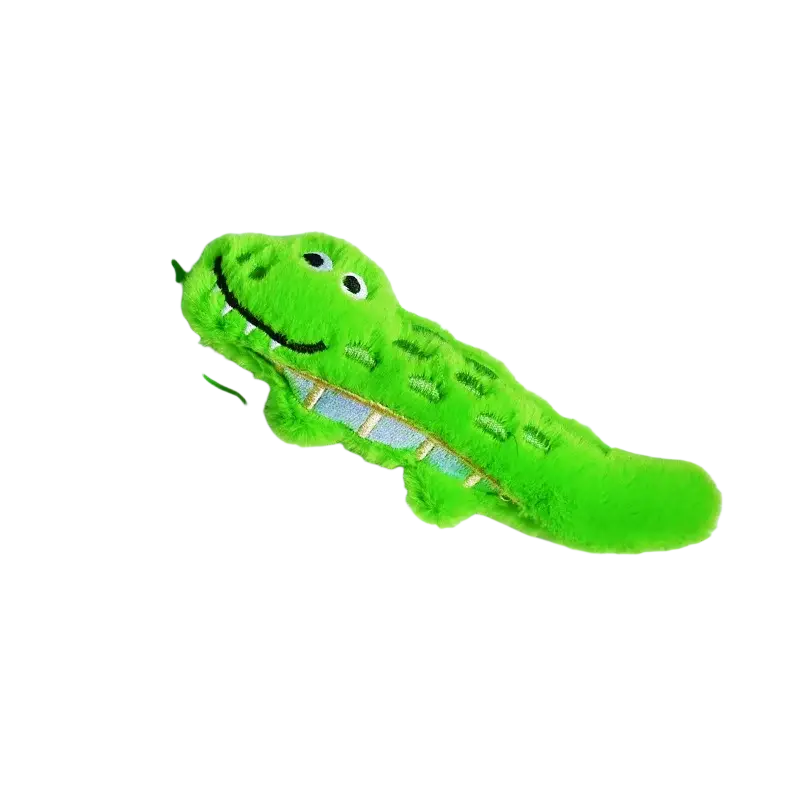 Plush dog toys interactive cute animal squeaker in a green alligator shape with embroidered eyes and stitched details