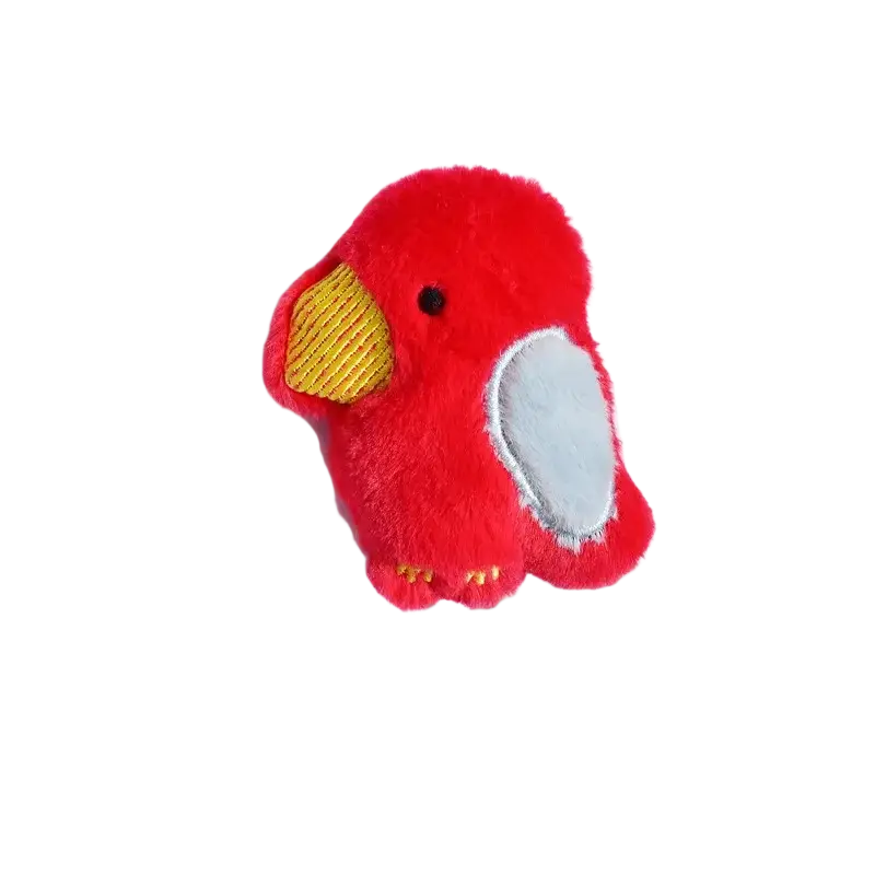 Plush dog toys type featuring a soft red parrot with a yellow beak gray wing and interactive squeaker feature