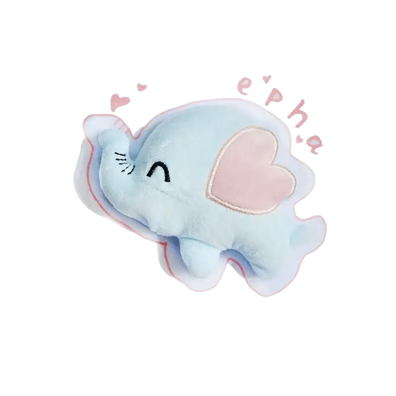 A soft light blue plush elephant dog toy with a pink heart ear and squeaker for interactive play