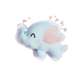 A soft light blue plush elephant dog toy with a pink heart ear and squeaker for interactive play