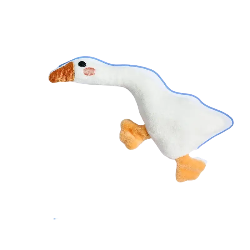 A soft white plush goose dog toy with orange beak and feet, embroidered eye and pink cheek, interactive squeaker toy type