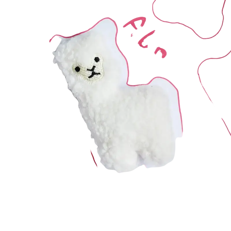 A soft white fluffy alpaca-shaped plush dog toy with embroidered eyes and interactive squeaker for pets