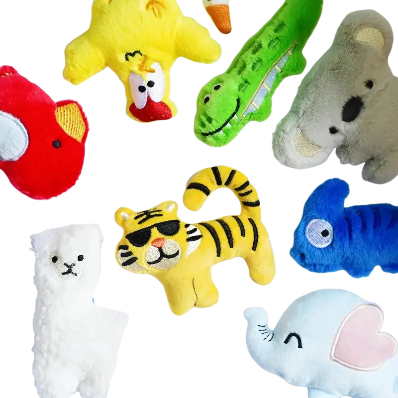 Yellow plush tiger dog toy with black stripes and sunglasses featuring an interactive squeaker for playful pets
