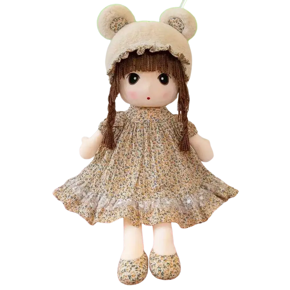 Plush doll 45cm cute stuffed animal toy with beige bear-ear hat wearing floral-patterned dress and matching shoes