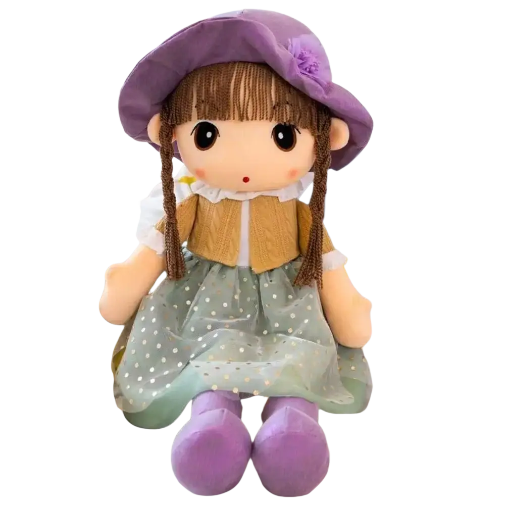 Plush doll 45cm with brown braided hair wearing a purple hat flower tan cardigan and light green polka dot skirt