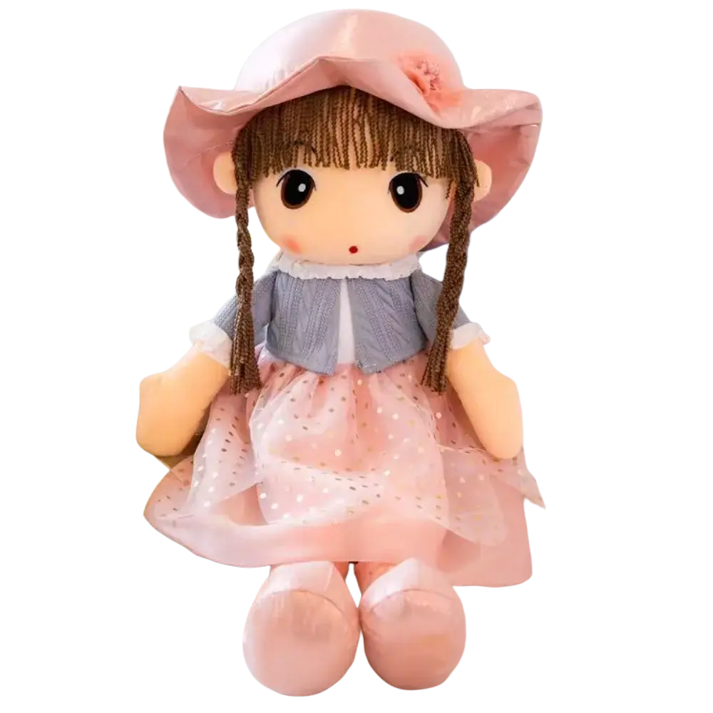 Plush doll 45cm with brown braided hair wearing pink satin hat with flower, gray textured top, and sheer pink skirt