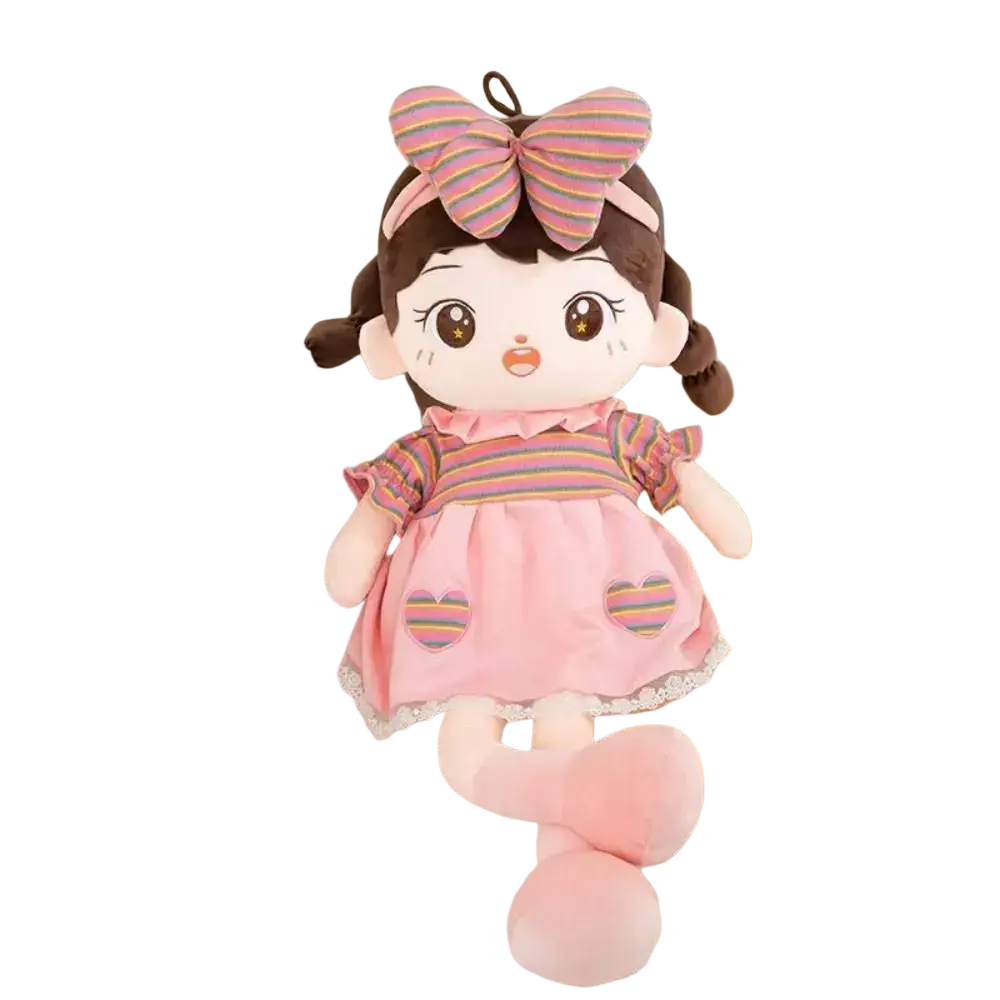 Plush doll 45cm with brown pigtails wearing pink dress and rainbow-striped hearts and large matching bow