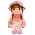 Plush doll 45cm cute stuffed animal toy with brown braided hair wearing a pink flower hat and polka dot dress