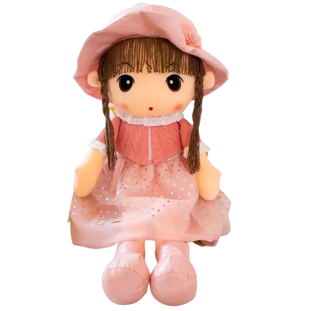 Plush doll 45cm cute stuffed animal toy with brown braided hair wearing a pink flower hat and polka dot dress
