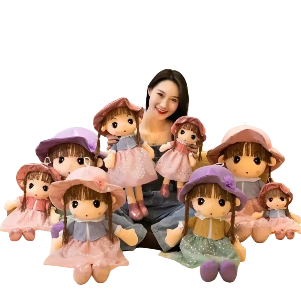 Plush doll 45cm cute stuffed animal toy with oversized heads, stitched faces, and pastel braided hair in pink purple and green