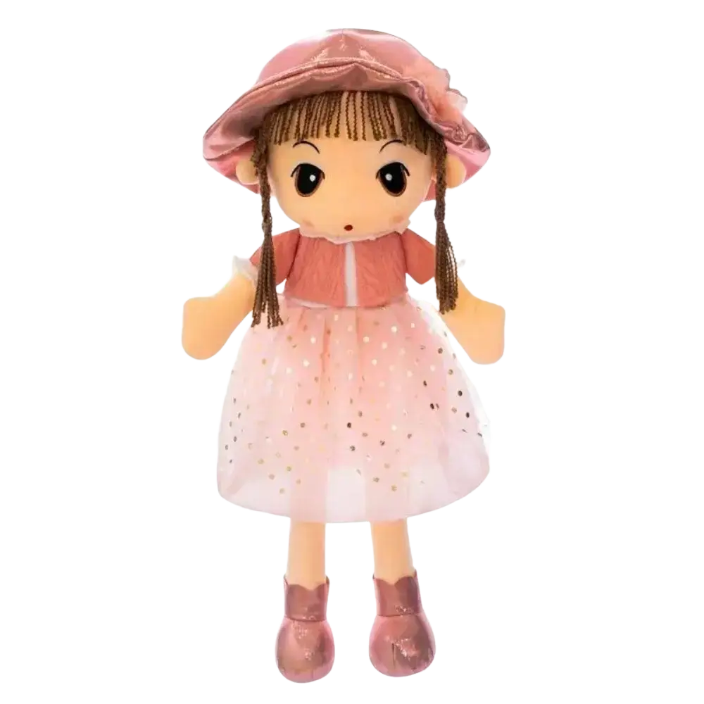 Plush doll 45cm cute stuffed animal toy with pink hat brown braided hair and pink dress with gold polka dots
