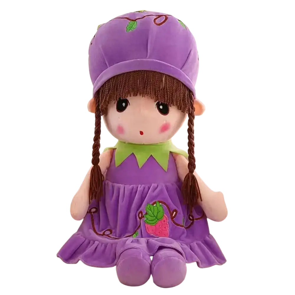 Plush doll 45cm purple velvet stuffed animal with brown braided hair green collar and embroidered strawberry dress