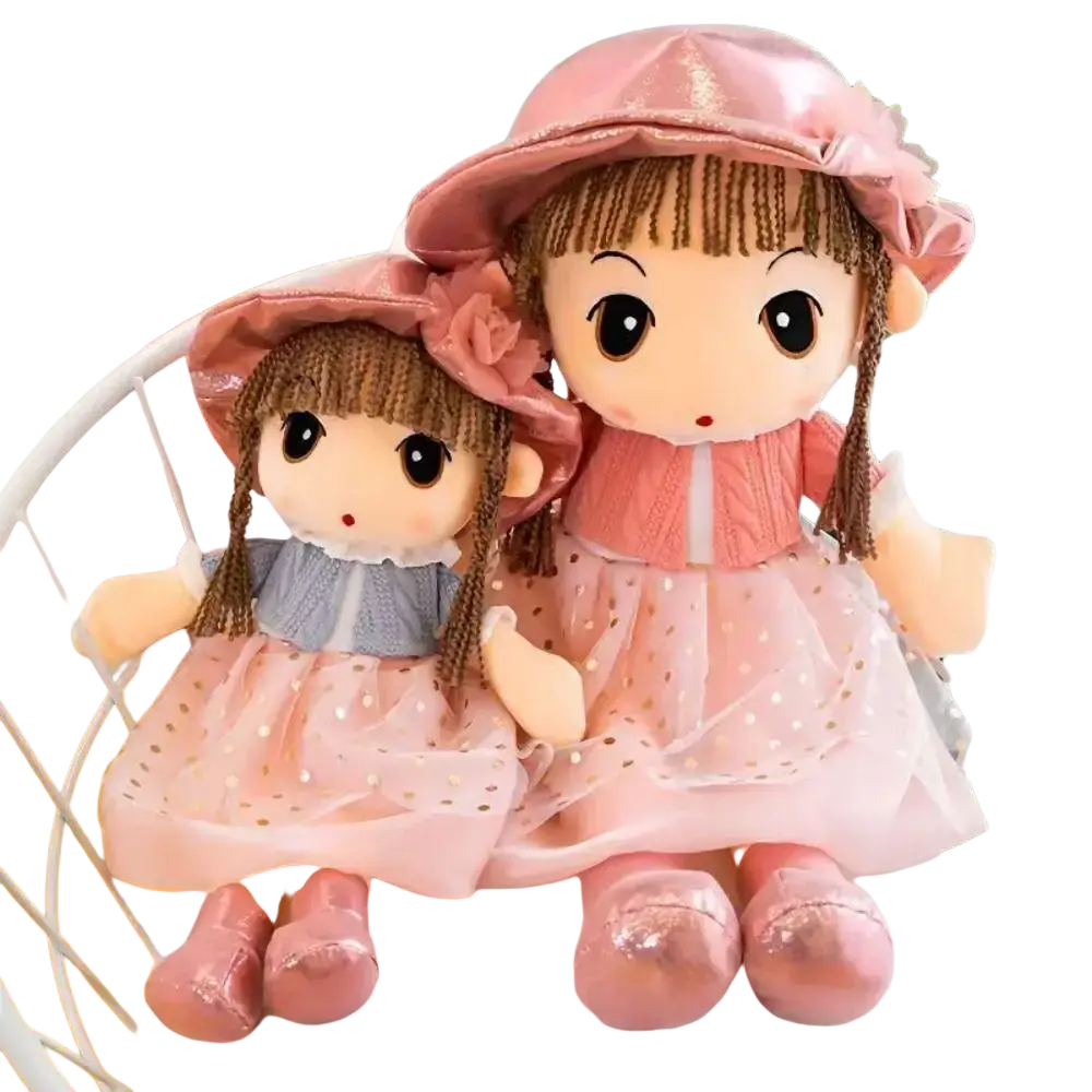 Plush doll 45cm cute stuffed animal toy of two pink and gray plush dolls with oversized eyes and matching flower hats