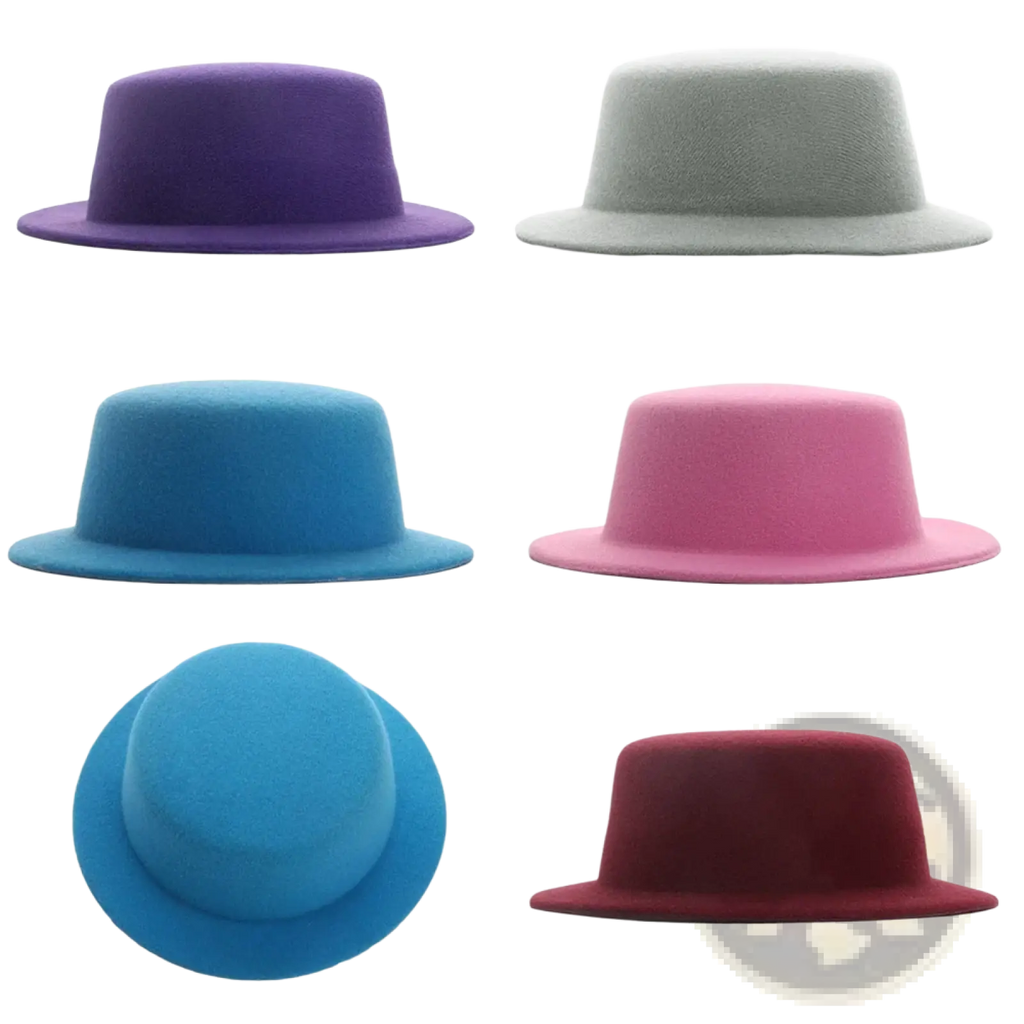 A collection of six felt fedoras in purple light grey blue pink and wine red for 60cm plush doll hats