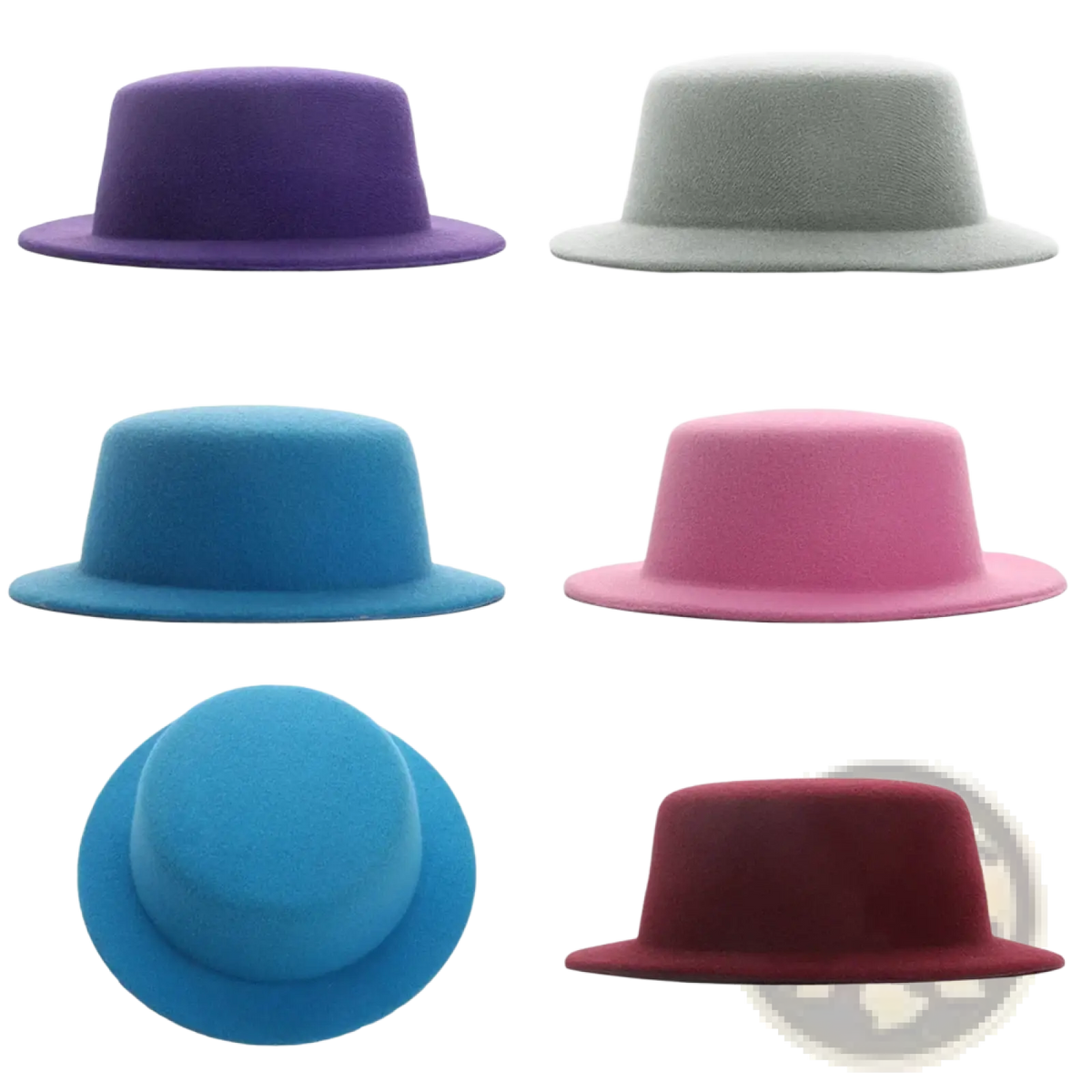 A collection of six felt fedoras in purple light grey blue pink and wine red for 60cm plush doll hats