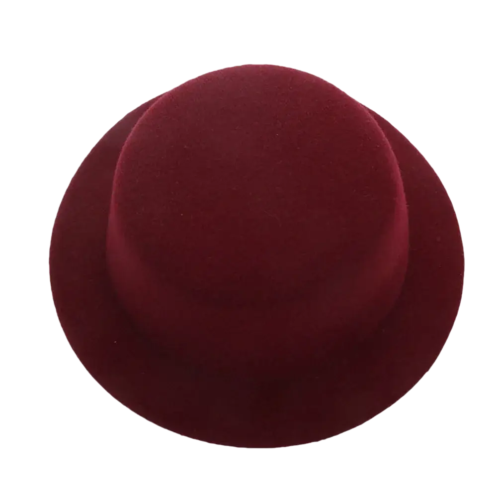 Plush doll hat fashion accessory featuring a rich burgundy felt bowler hat with a smooth rounded crown and wide brim