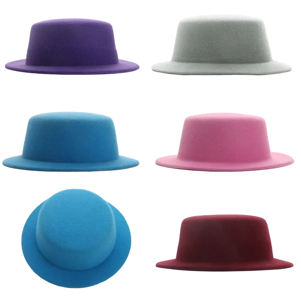 Six plush doll hat fashion accessory felt fedoras in vibrant purple gray blue pink and maroon for 60cm dolls