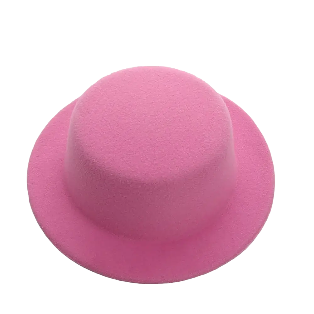 A soft pink felt bowler hat with a smooth rounded crown and curved brim for 60cm plush dolls