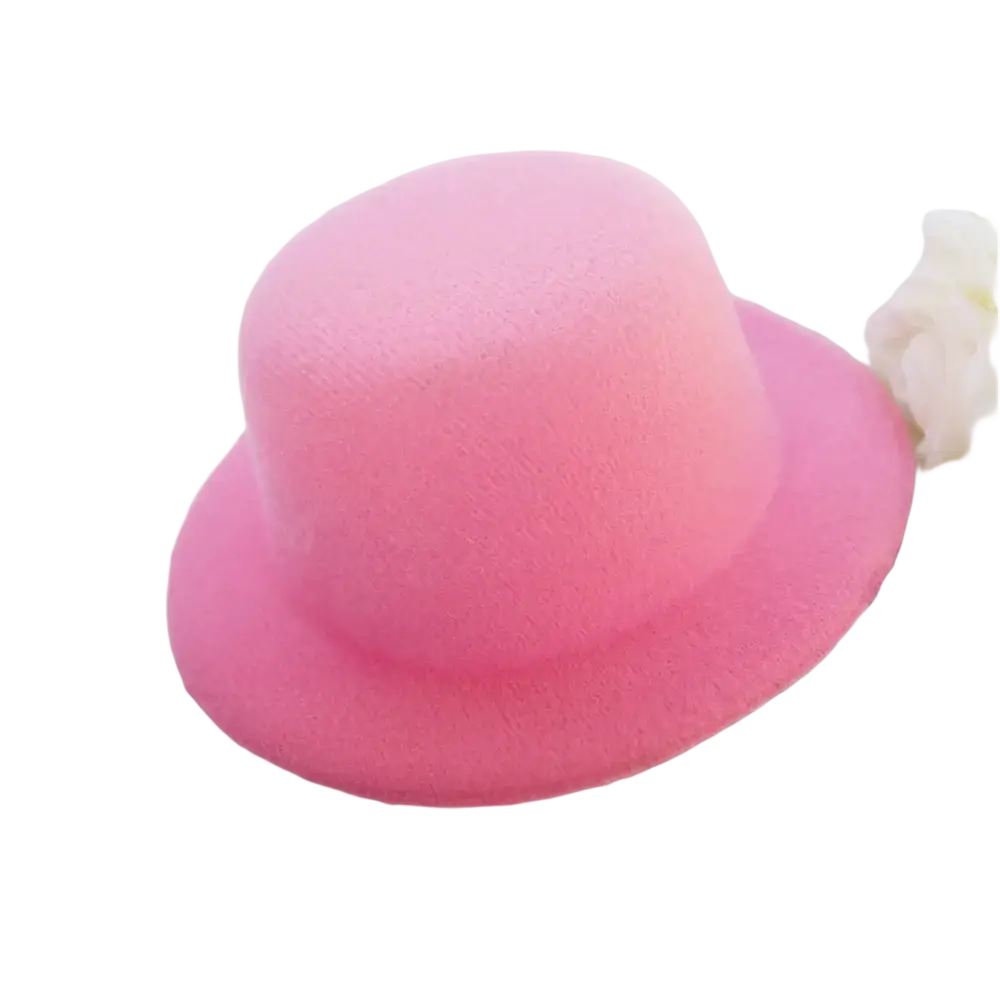 A soft pink felt bowler hat with rounded crown and wide brim for 60cm plush doll fashion accessory